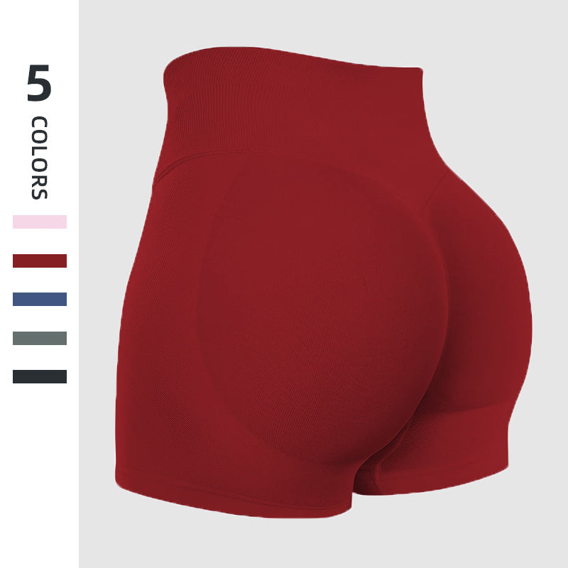 Red high-waisted shorts on a light gray background with color swatches on the left