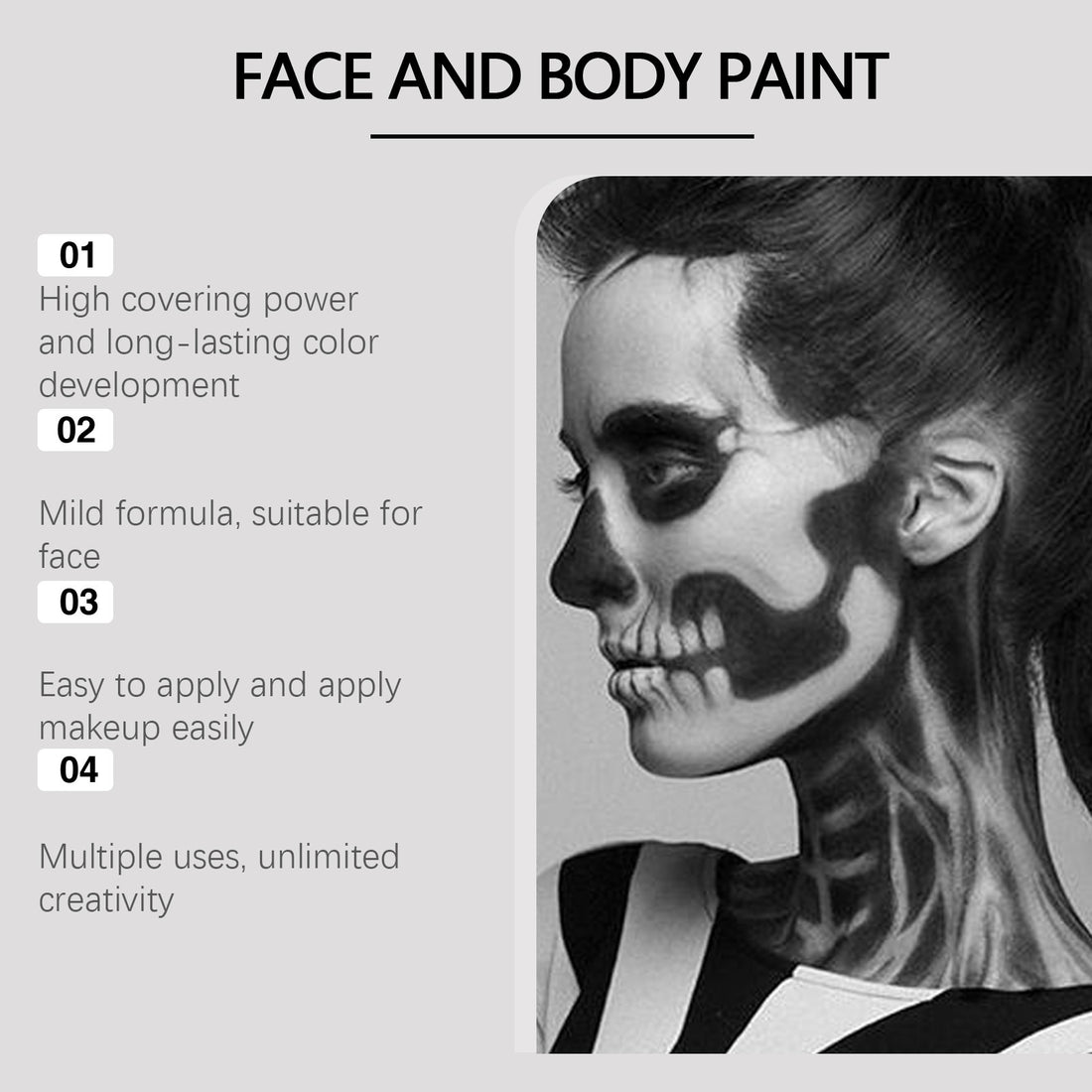 Halloween makeup palette with red, black, and white cream paints