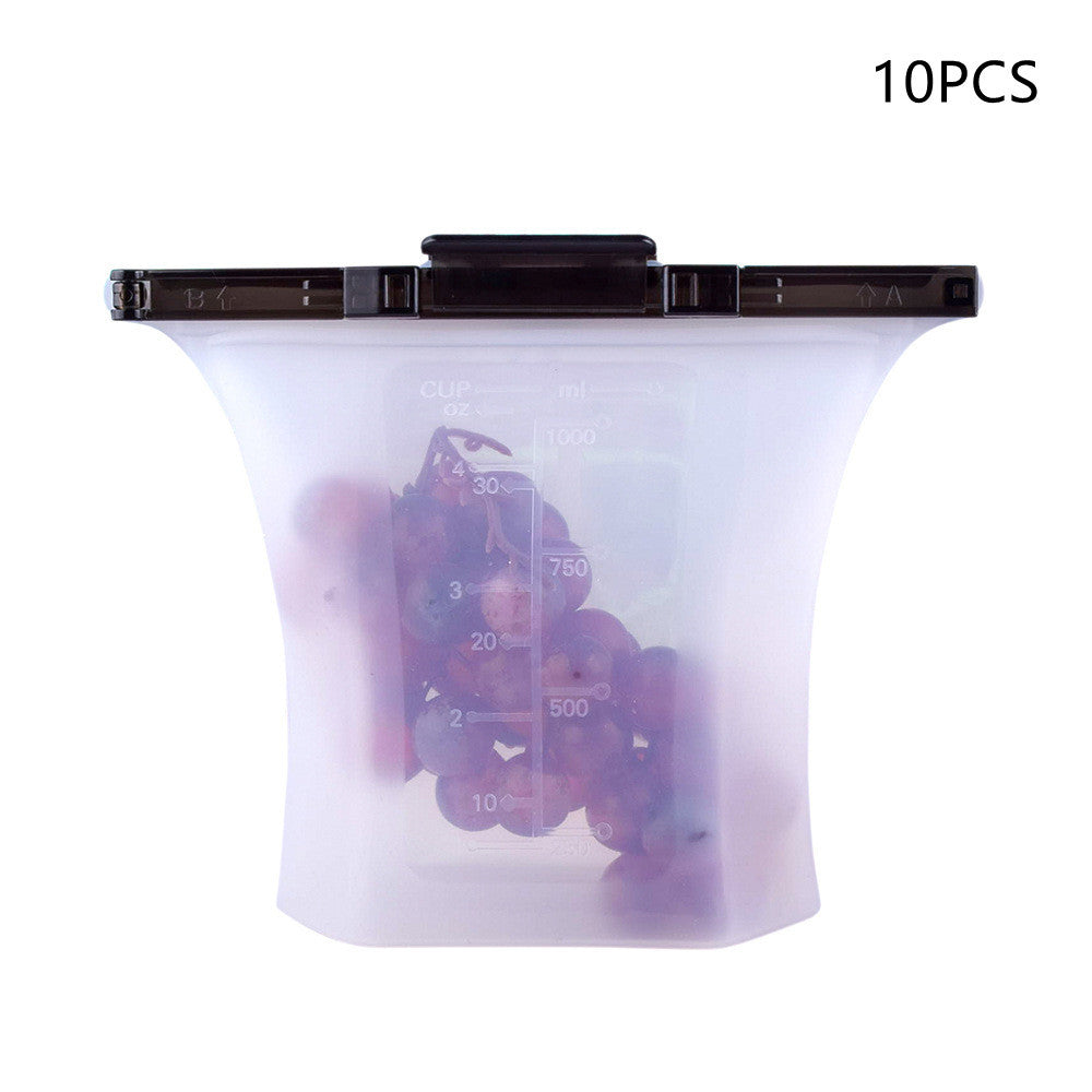 Clear silicone bag with measurement markings containing grapes, labeled '10PCS' on a white background.