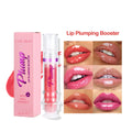 Lip plumping booster with packaging and before-and-after effects on lips.