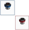 Two door knobs, one blue and black, one red and black, on a white background