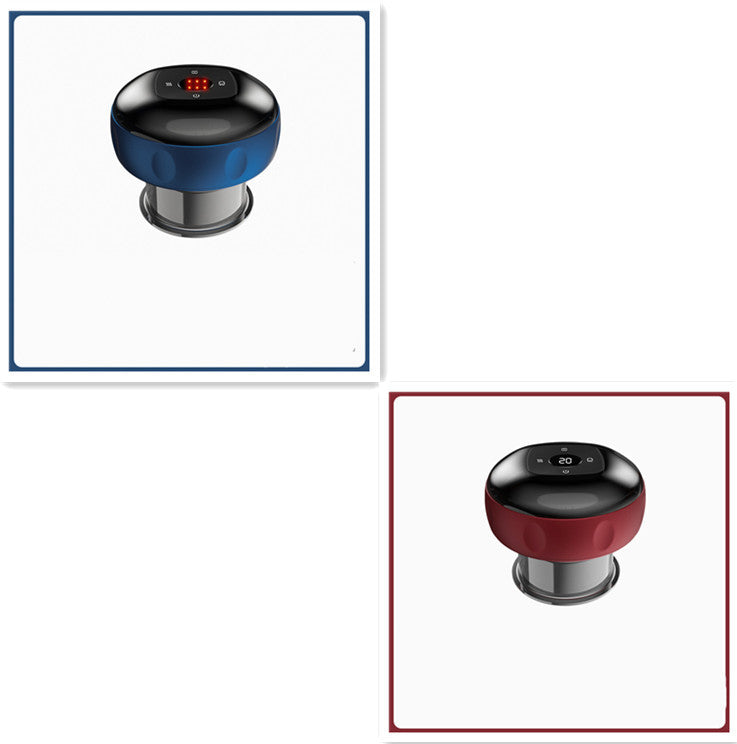 Two door knobs, one blue and black, one red and black, on a white background