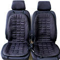 Pair of black car seat covers with grid pattern on a white background