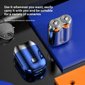 Blue electronic device with metallic accents on a reflective surface; Mini portable rechargeable electric shaver for men with floating cutter head and low-noise motor