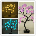 Collage of three LED tree lamps in different colors: yellow, pink, and blue.