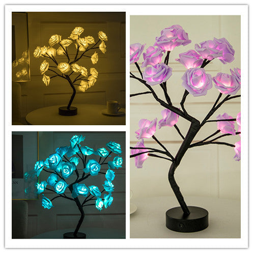 Collage of three LED tree lamps in different colors: yellow, pink, and blue.