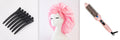 Set of hair accessories including black hair clips, a pink headscarf, and a pink hairbrush on a white background.
