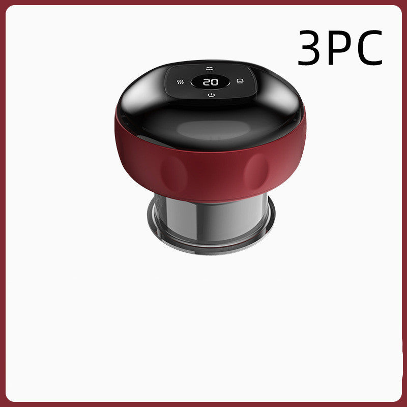Red and black electronic device with digital display on a white background