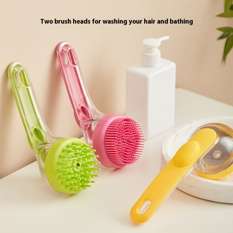 Three pet grooming brushes in green, pink, and yellow on a light background with an inset showing a dog being groomed