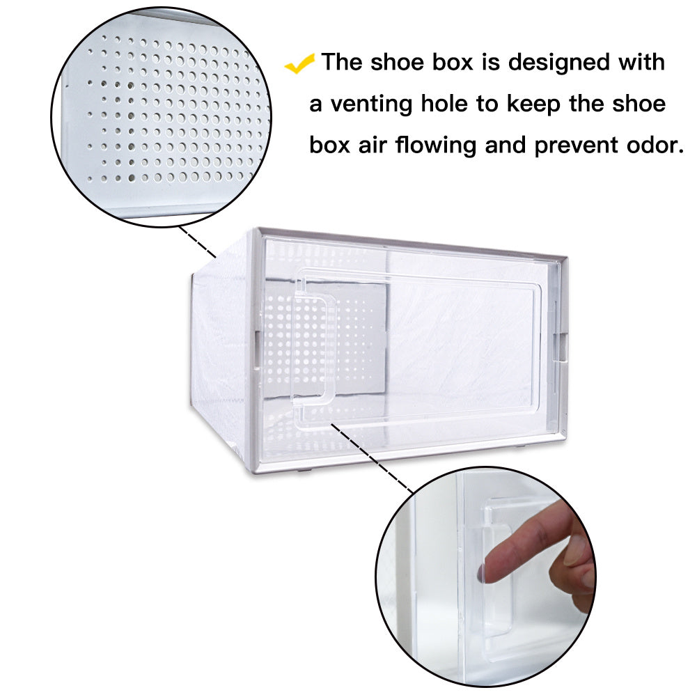Set of stackable boxes displaying sneakers inside with clean visibility