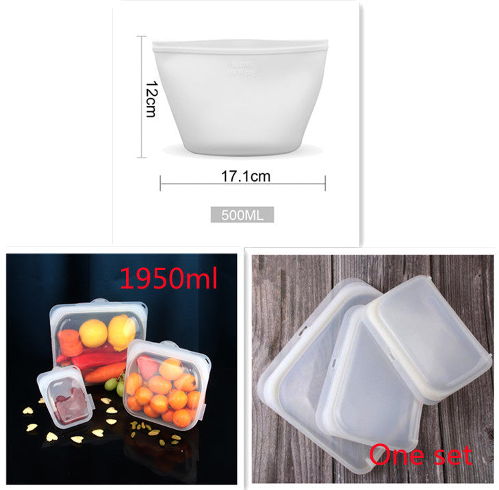 Silicone food storage bags with measurements and images of food inside; Microwave and freezer safe silicone fresh-keeping bags