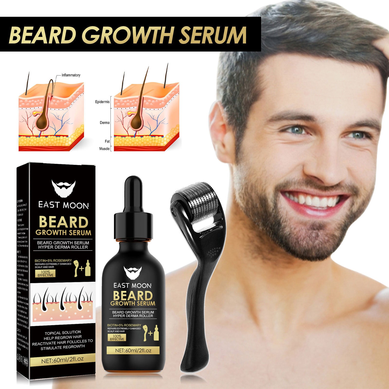 Beard thickening serum for men with stainless steel roller