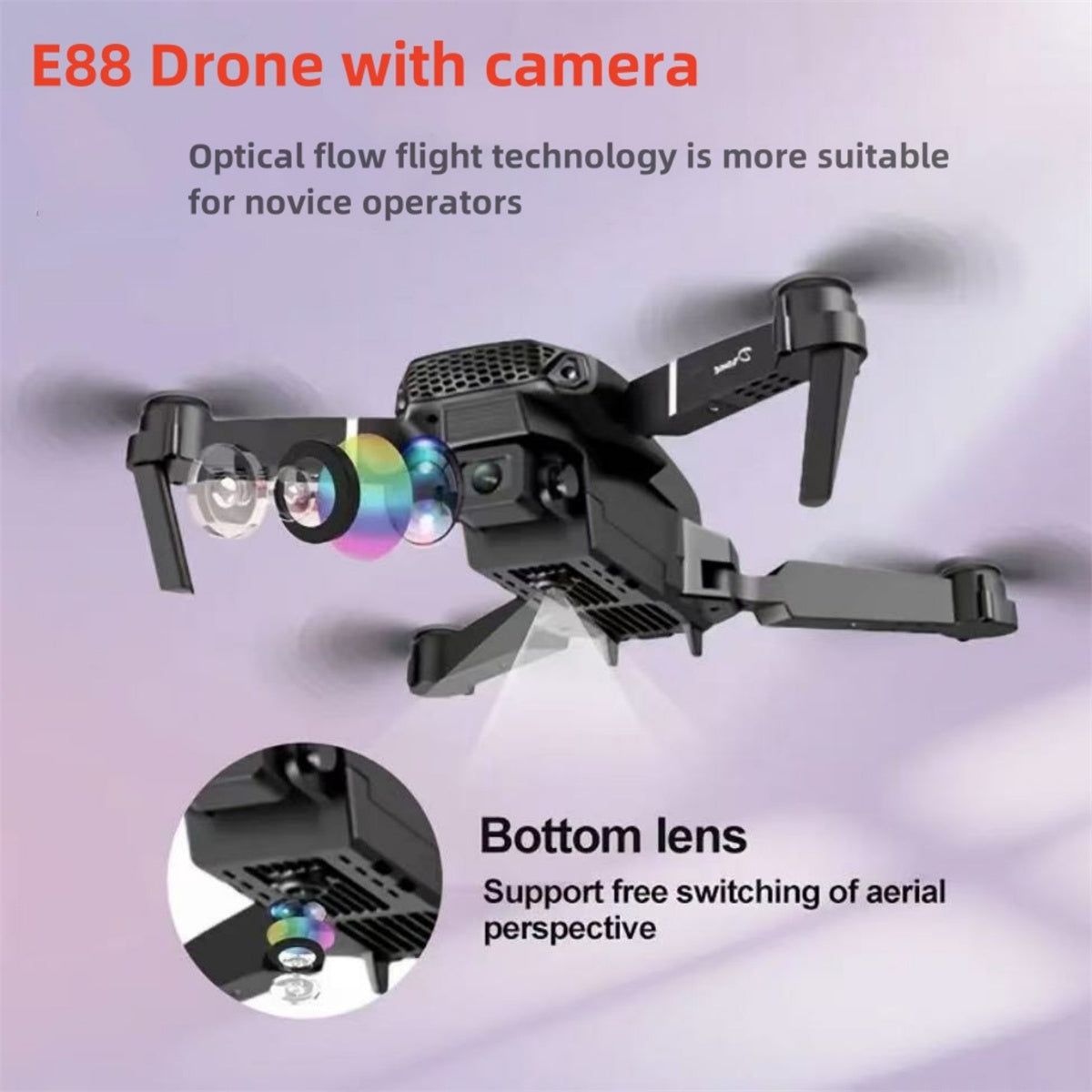 E88 drone with camera on a light purple background