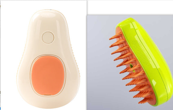 Close-up view of rounded bristles and steam mist coming out of the pet grooming comb