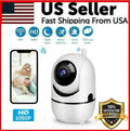 White security camera with smartphone display and features listed on a red background