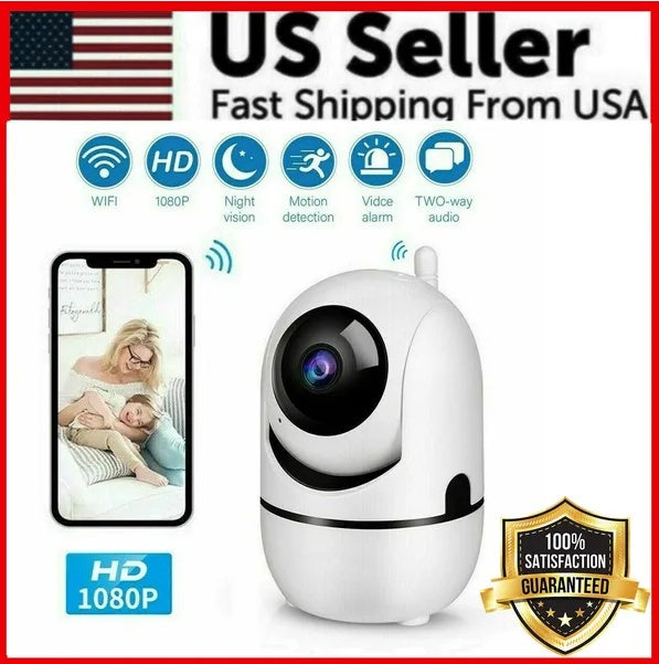 White security camera with smartphone display and features listed on a red background