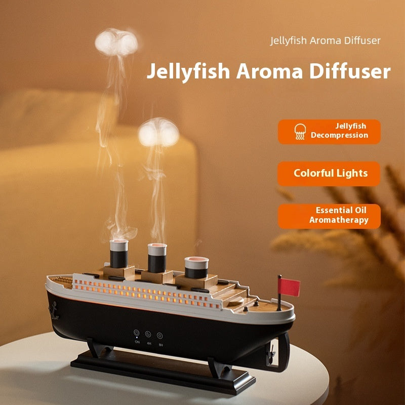 Jellyfish Aroma Diffuser shaped like a ship with colorful lights and steam effects on a warm-toned background