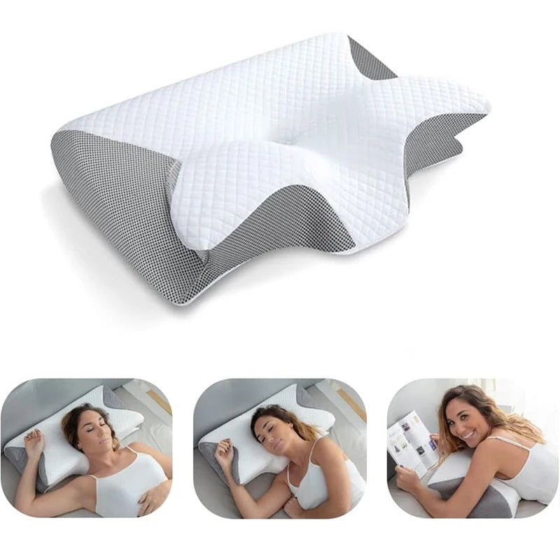Ergonomic pillow with gray and white design, shown with people using it