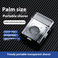 Portable transparent shaver with text highlighting features on a black and blue striped background