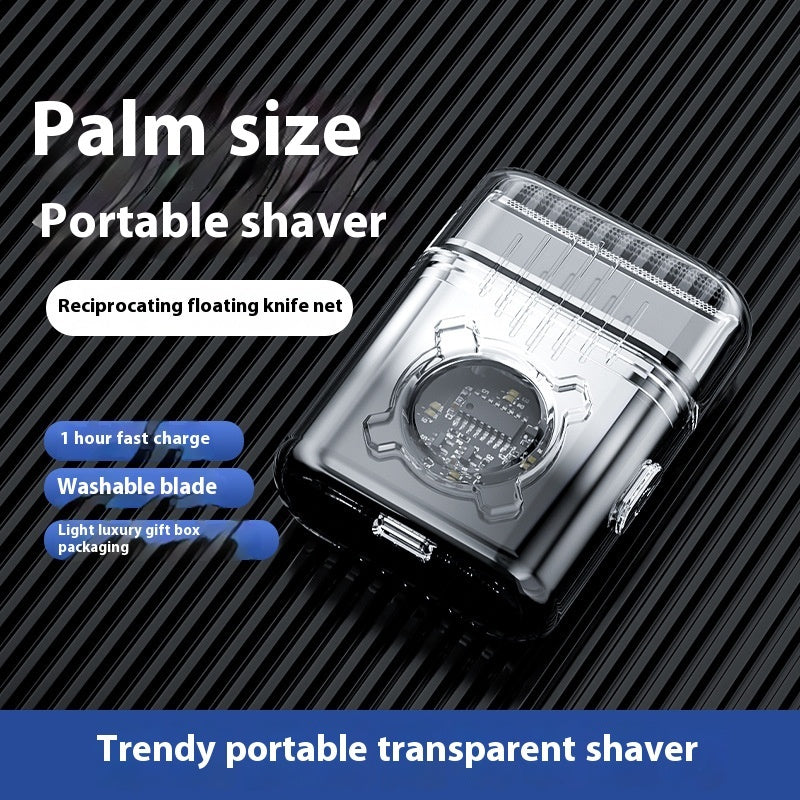 Portable transparent shaver with text highlighting features on a black and blue striped background