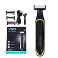 VGR beard trimmer with packaging, attachments, and USB cable on a white background
