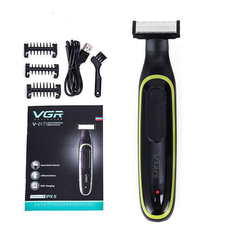 VGR beard trimmer with packaging, attachments, and USB cable on a white background