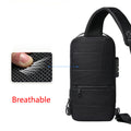 Black shoulder bag with breathable feature highlighted on a white background