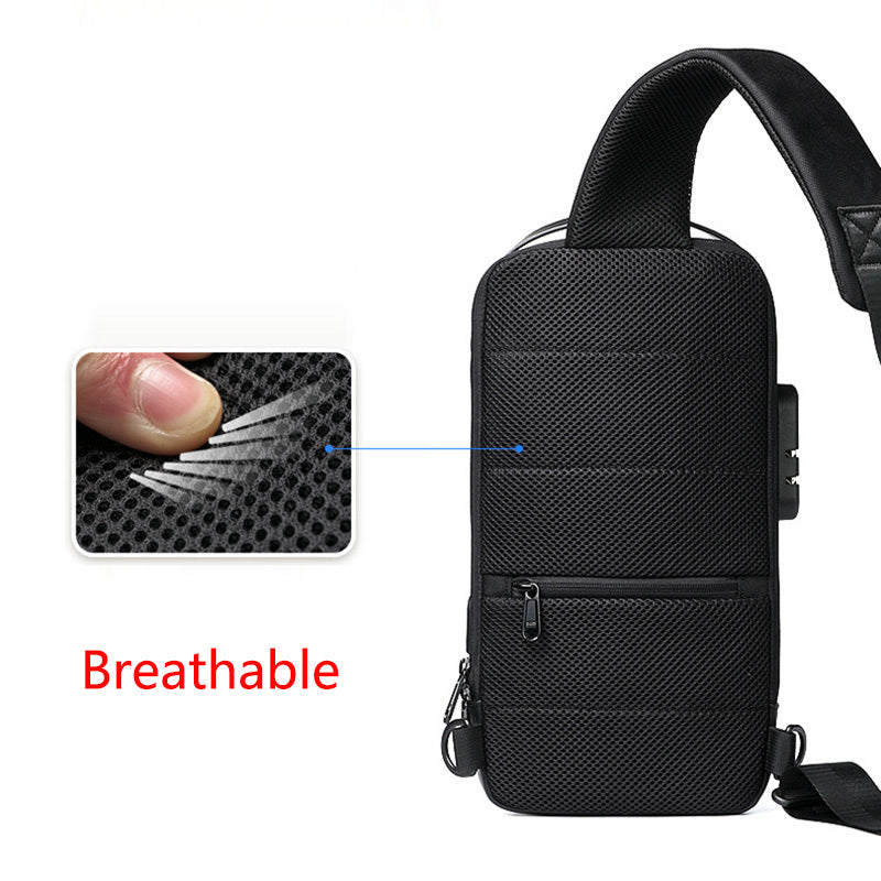 Black shoulder bag with breathable feature highlighted on a white background
