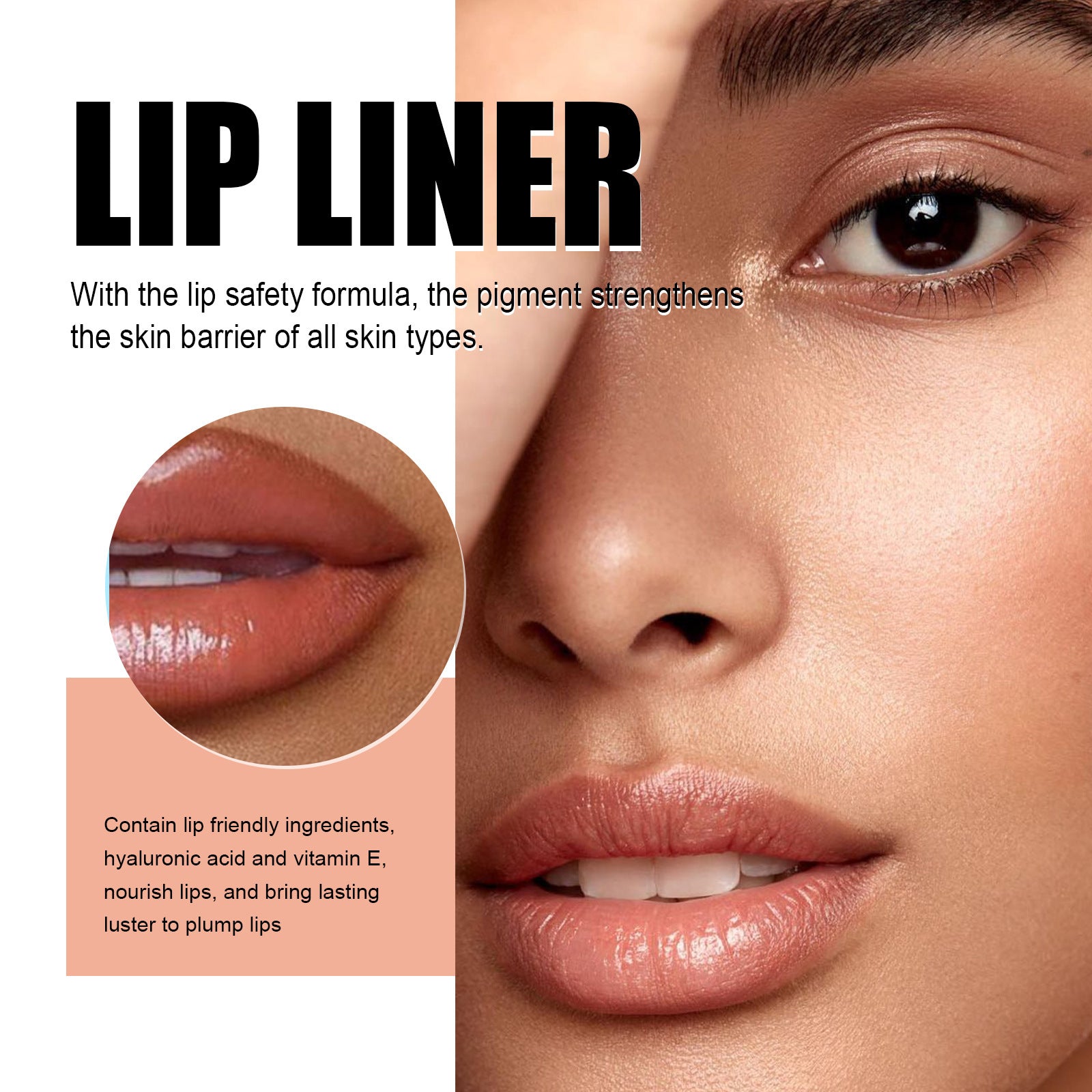 Advertisement for waterproof lip liner pen with close-up of lips and text about safety formula and ingredients.
