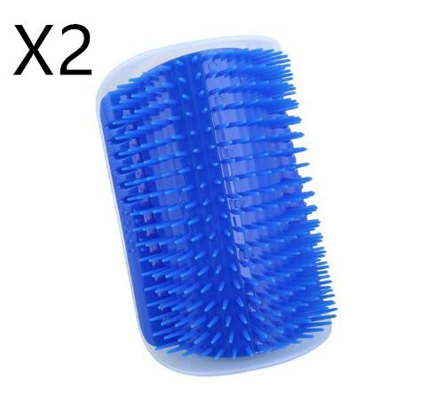 Blue self pet grooming brush with clear handle on a white background
