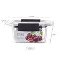 Glass food storage container with black lid and cherry design, showing dimensions and capacity on a white background.