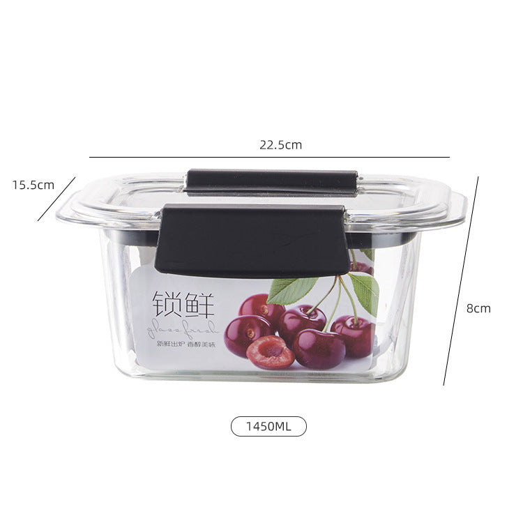 Glass food storage container with black lid and cherry design, showing dimensions and capacity on a white background.