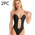 Woman wearing a black two-piece swimsuit with '2PC' text on a white background; Seamless jacquard one-piece tube top bra in skin color with detachable shoulder straps, designed for comfort and minimizing bust appearance