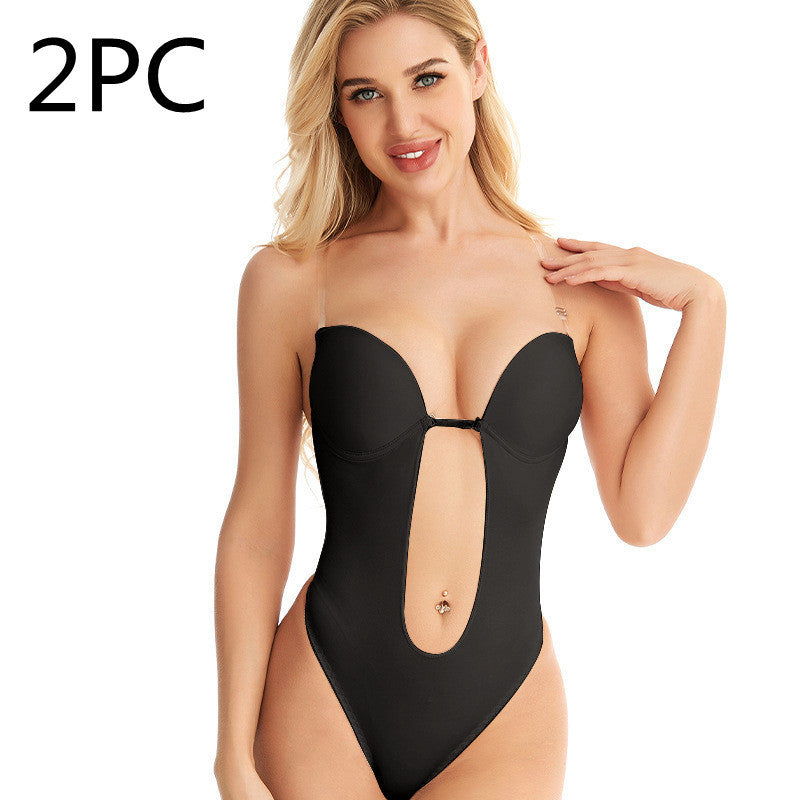 Woman wearing a black two-piece swimsuit with '2PC' text on a white background; Seamless jacquard one-piece tube top bra in skin color with detachable shoulder straps, designed for comfort and minimizing bust appearance