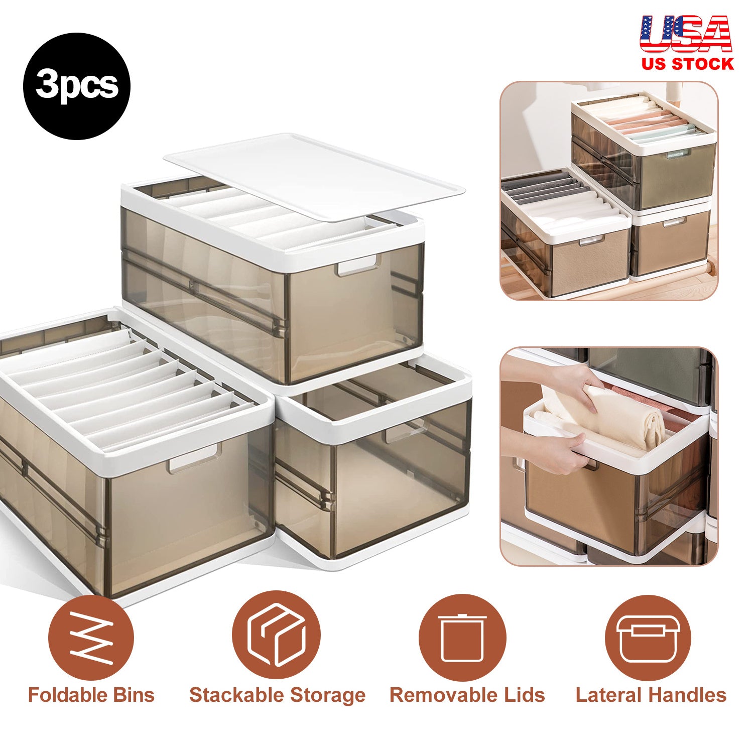 Set of three foldable storage bins with removable lids and lateral handles, shown with US stock label