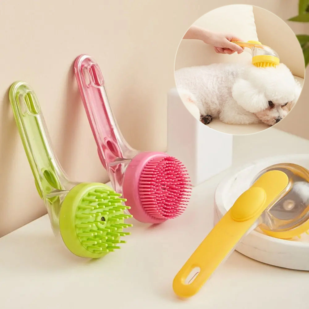 Three pet grooming brushes in green, pink, and yellow on a light background with an inset showing a dog being groomed