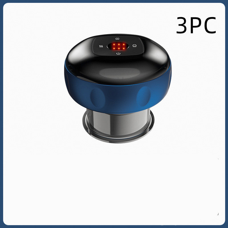 Blue and black electronic device with digital display on a white background