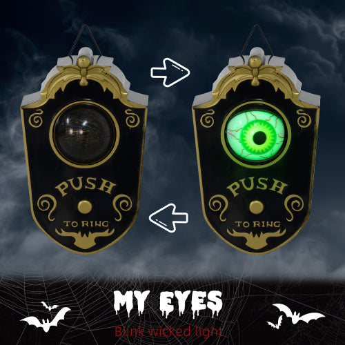 Halloween-themed doorbell with glowing green eye and spooky background