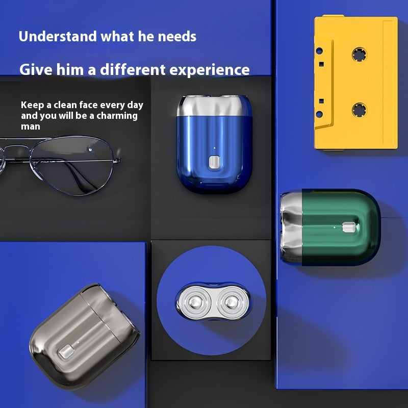 Collage of grooming products with text on a blue background; Mini portable rechargeable electric shaver for men with floating cutter head and low-noise motor