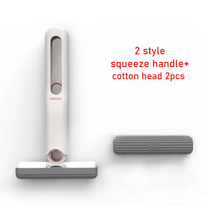 Cleaning tool with a white handle and gray squeegee on a white background, featuring text about two styles and two cotton heads.
