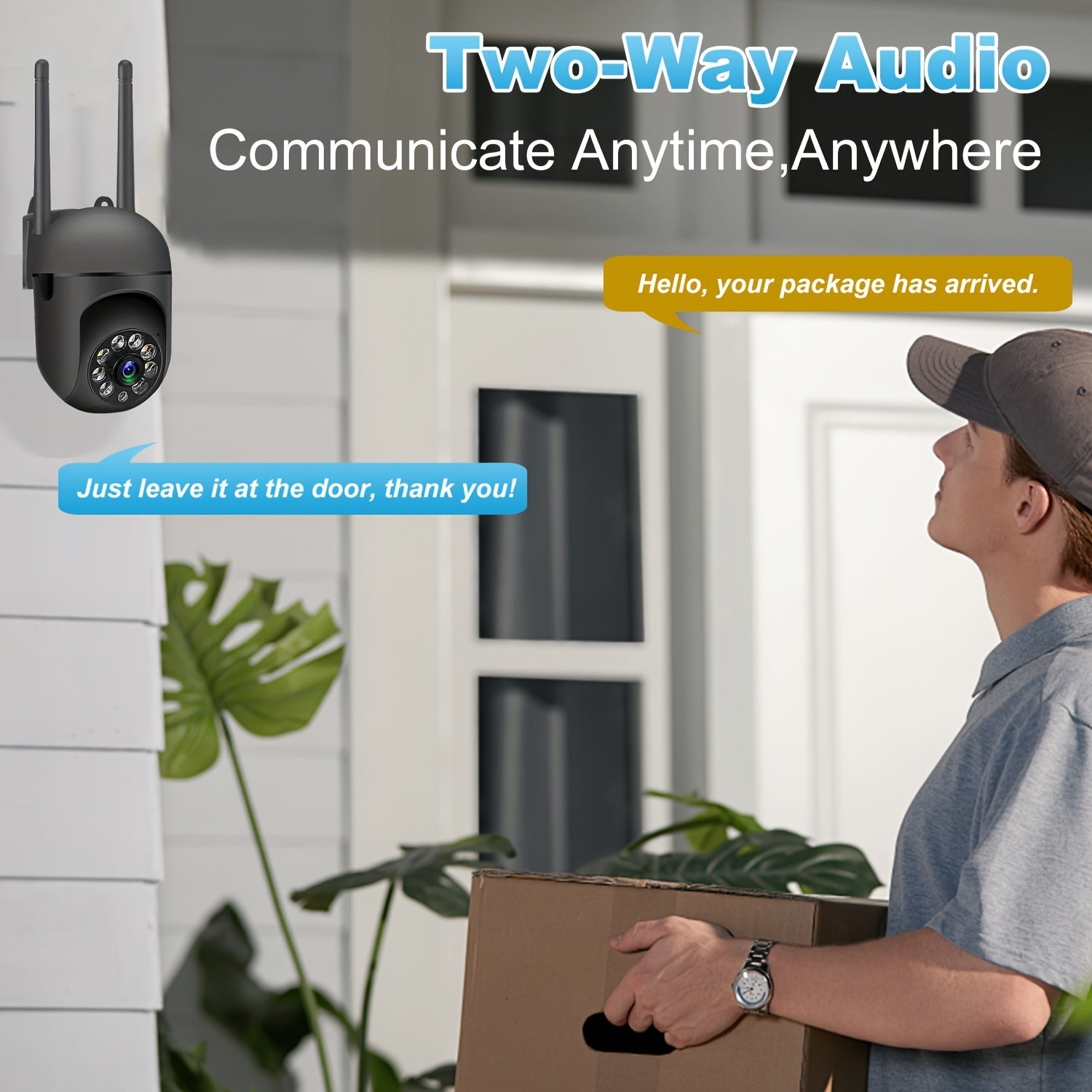 Full panoramic view wireless camera with motion detection with two-way audio feature.