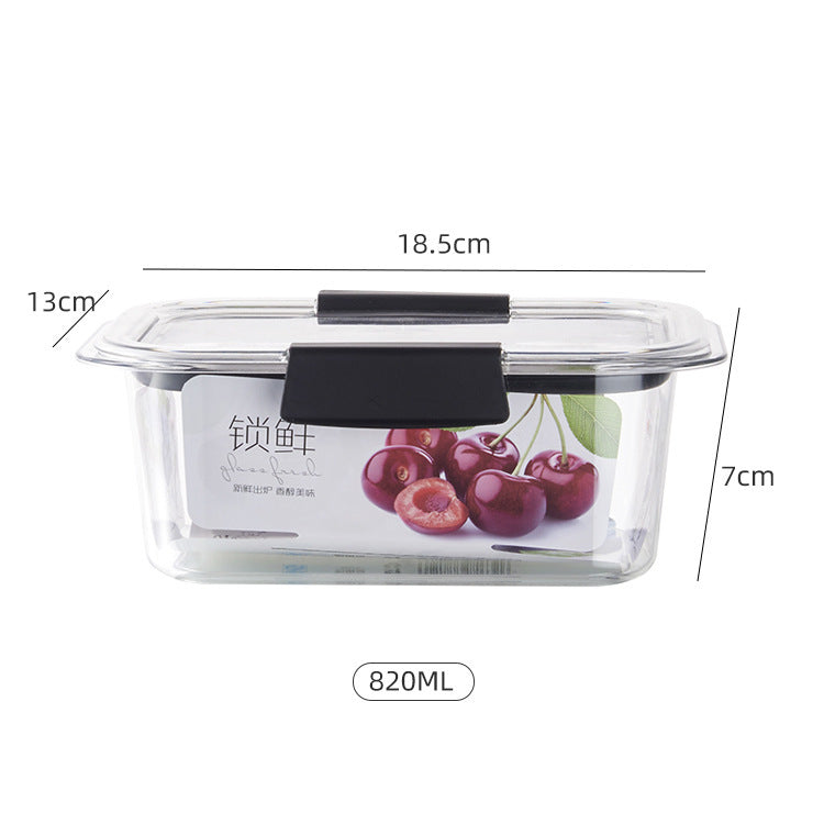 Glass food storage container with measurements and cherry design on a white background
