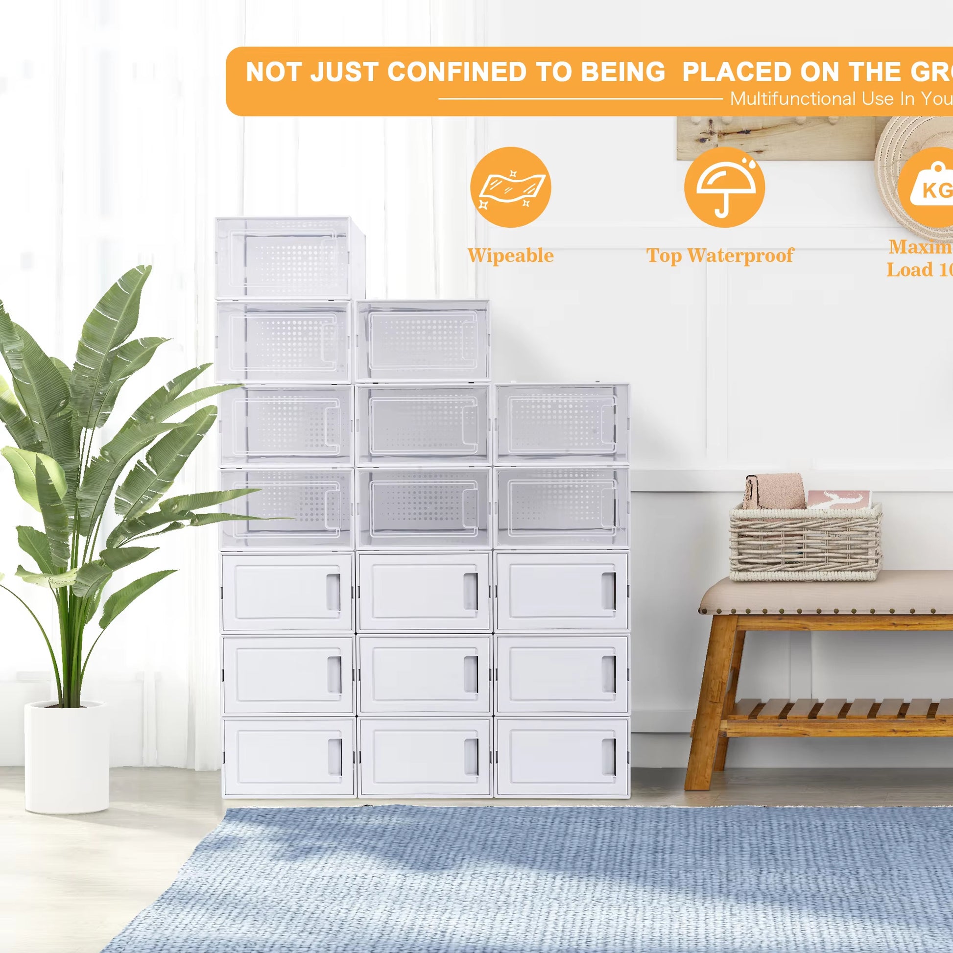 Stack of white storage drawers in a room with a plant and bench