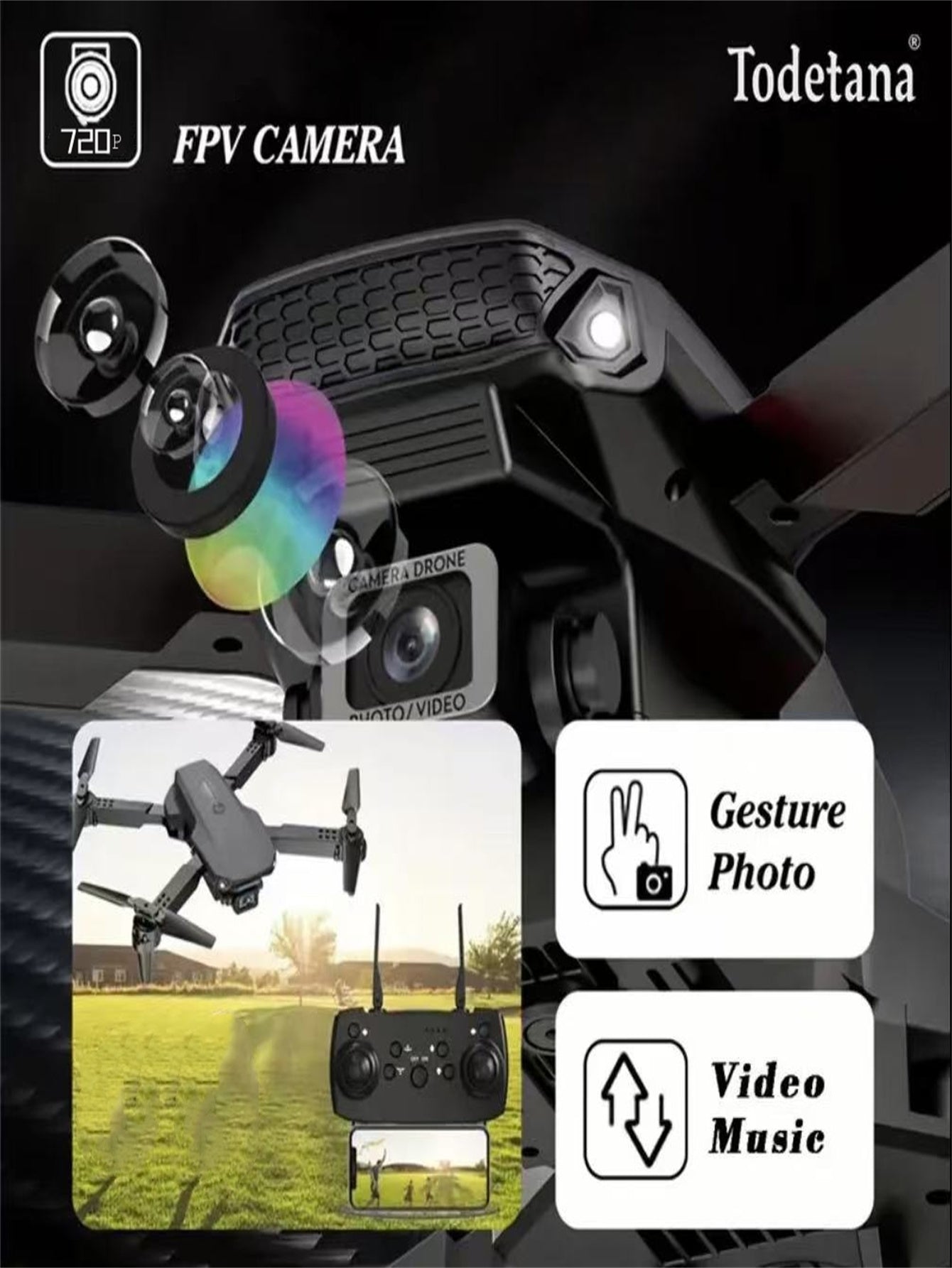 FPV camera of E88 RC Drone and controller images on a black background, featuring Todetana brand.