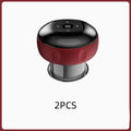 Red and black electronic device with digital display on a white background