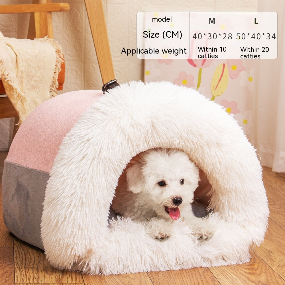 Portable pet nest bed for cats and dogs in pnk color with a dog inside with a size dimensions