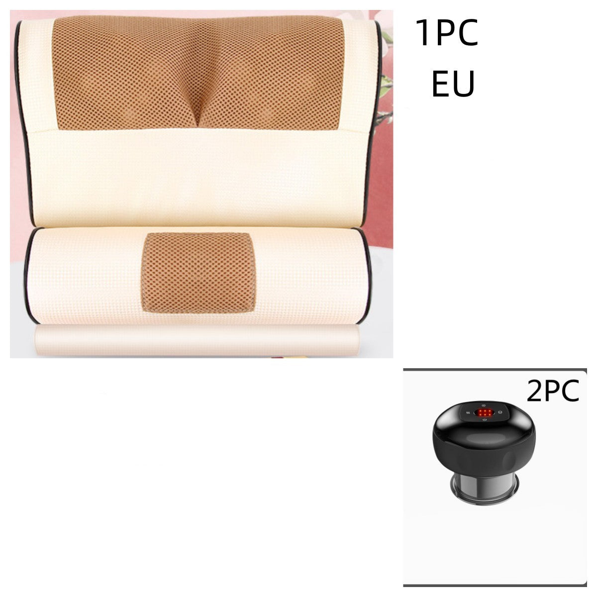 Massage pillow with beige mesh and white casing, accompanied by a black handheld massager on a white background
