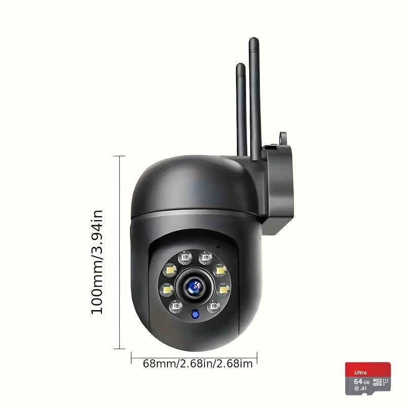 Outdoor security camera with dimensions indicated on a white background