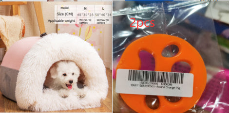 Portable pet nest bed for cats and dogs in pink color with a toy