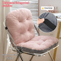 Pink chair cushion with strap design on a chair, close-up of strap shown; Ergonomic integrated office seat cushion with backrest in light gray viscose fabric